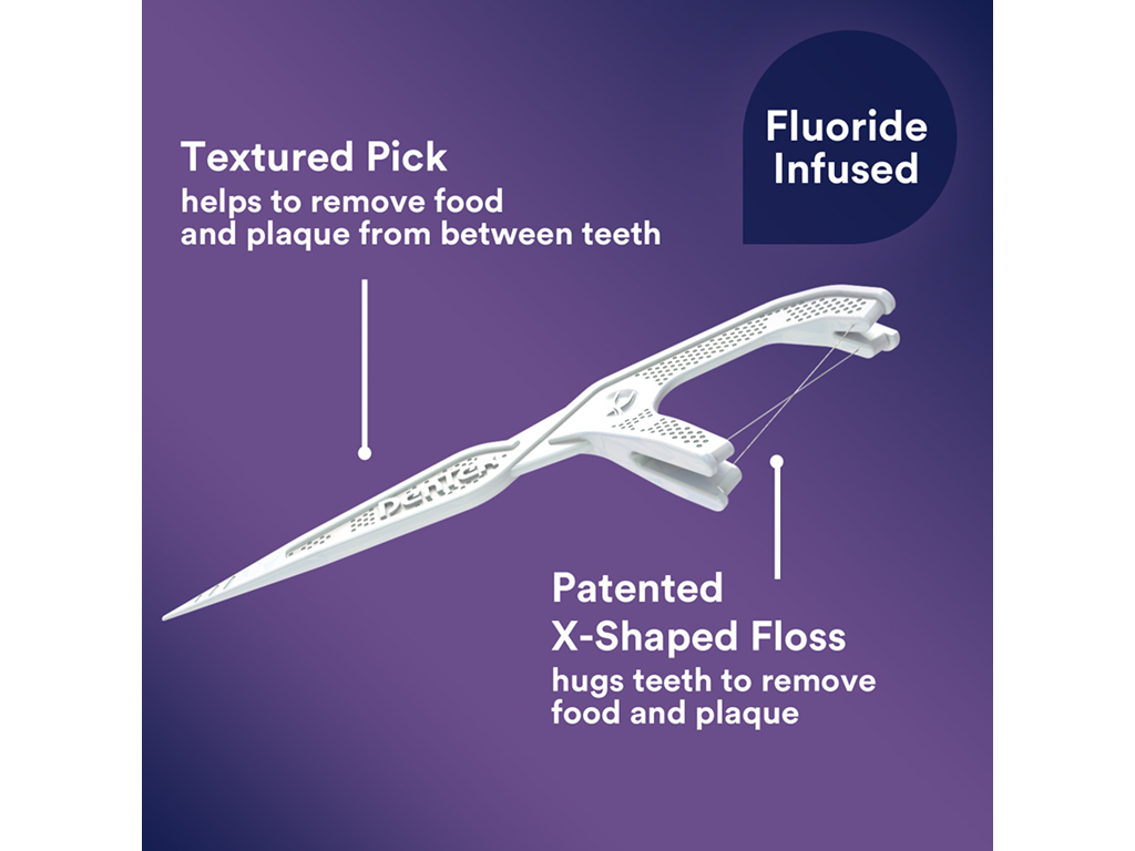 DenTek Cross Flosser patented X-shaped floss, textured pick, fluoride infused