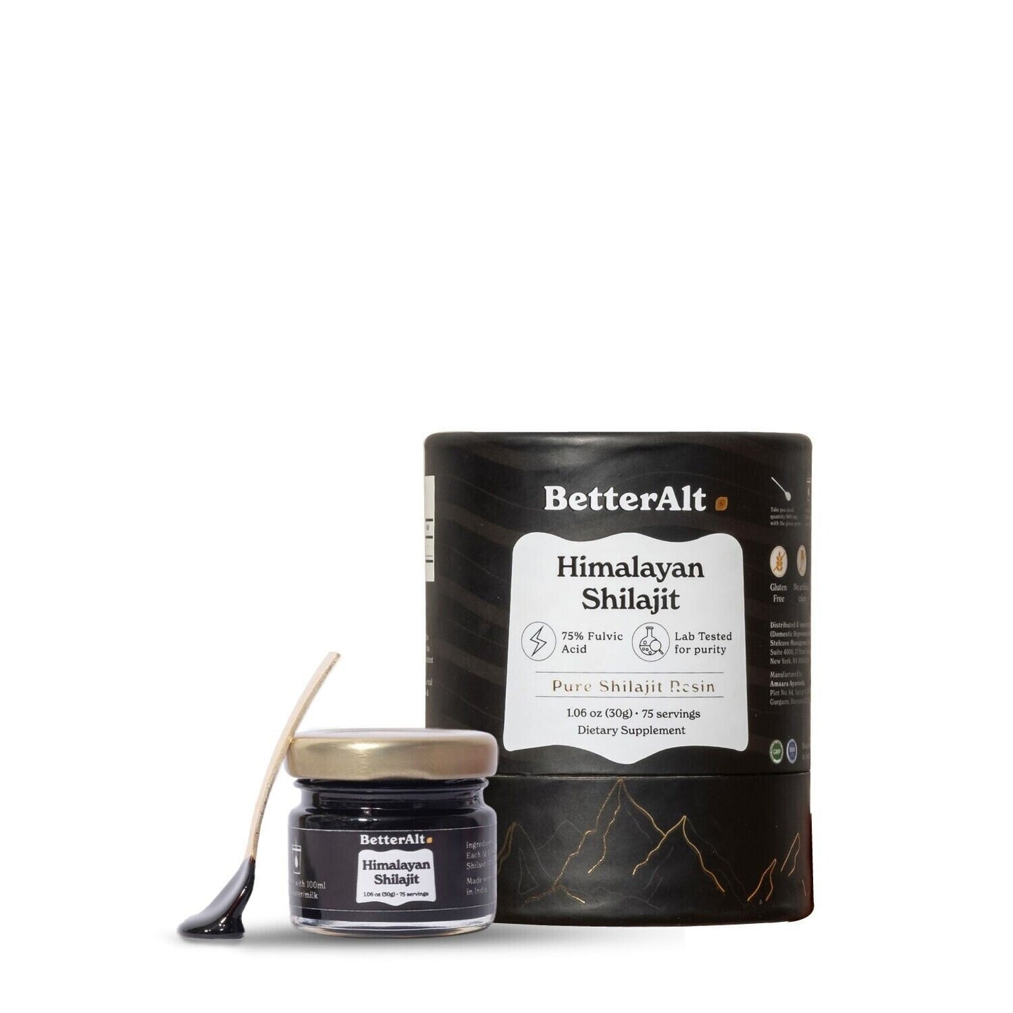 BetterAlt Pure Himalayan Shilajit Resin jar with tube packaging, 30 g, 75 servings