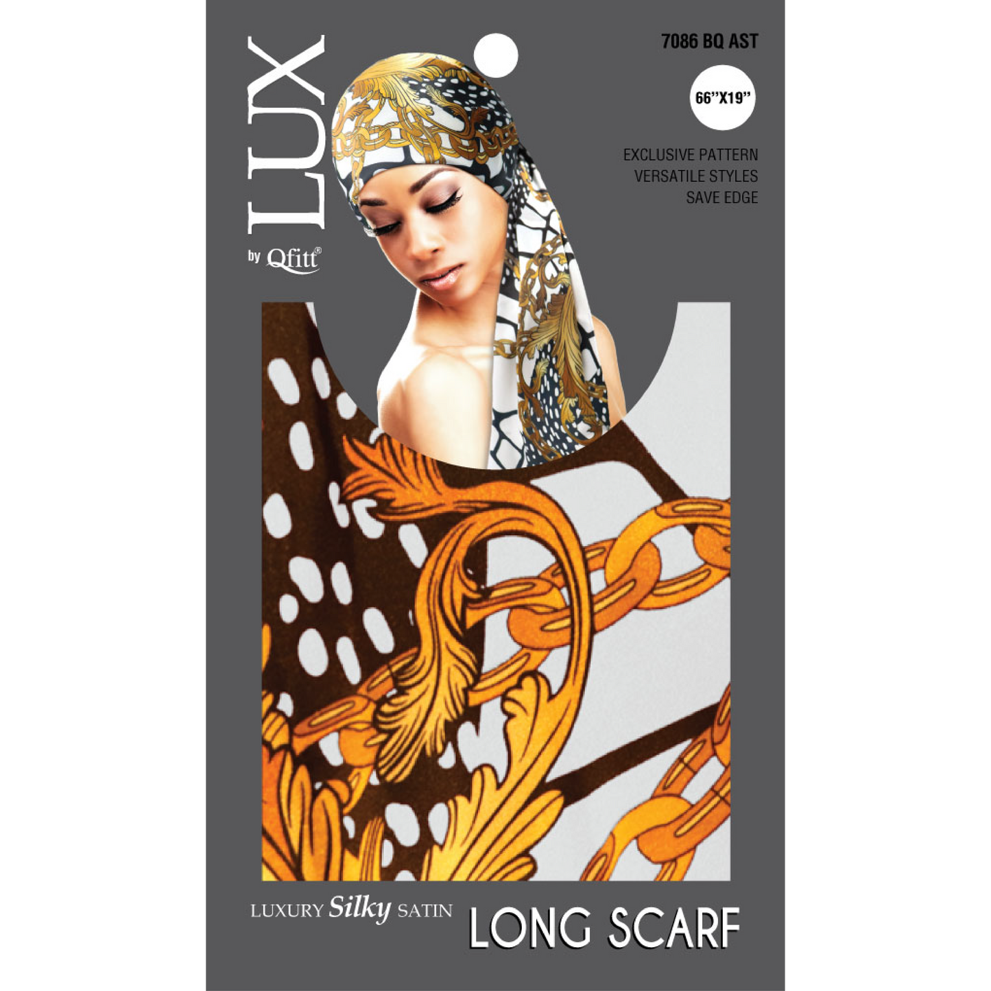 LUX by Qfitt Luxury Silky Satin Long Scarf, style 7086 Baroque assorted, 66 in x 19 in - retail package front