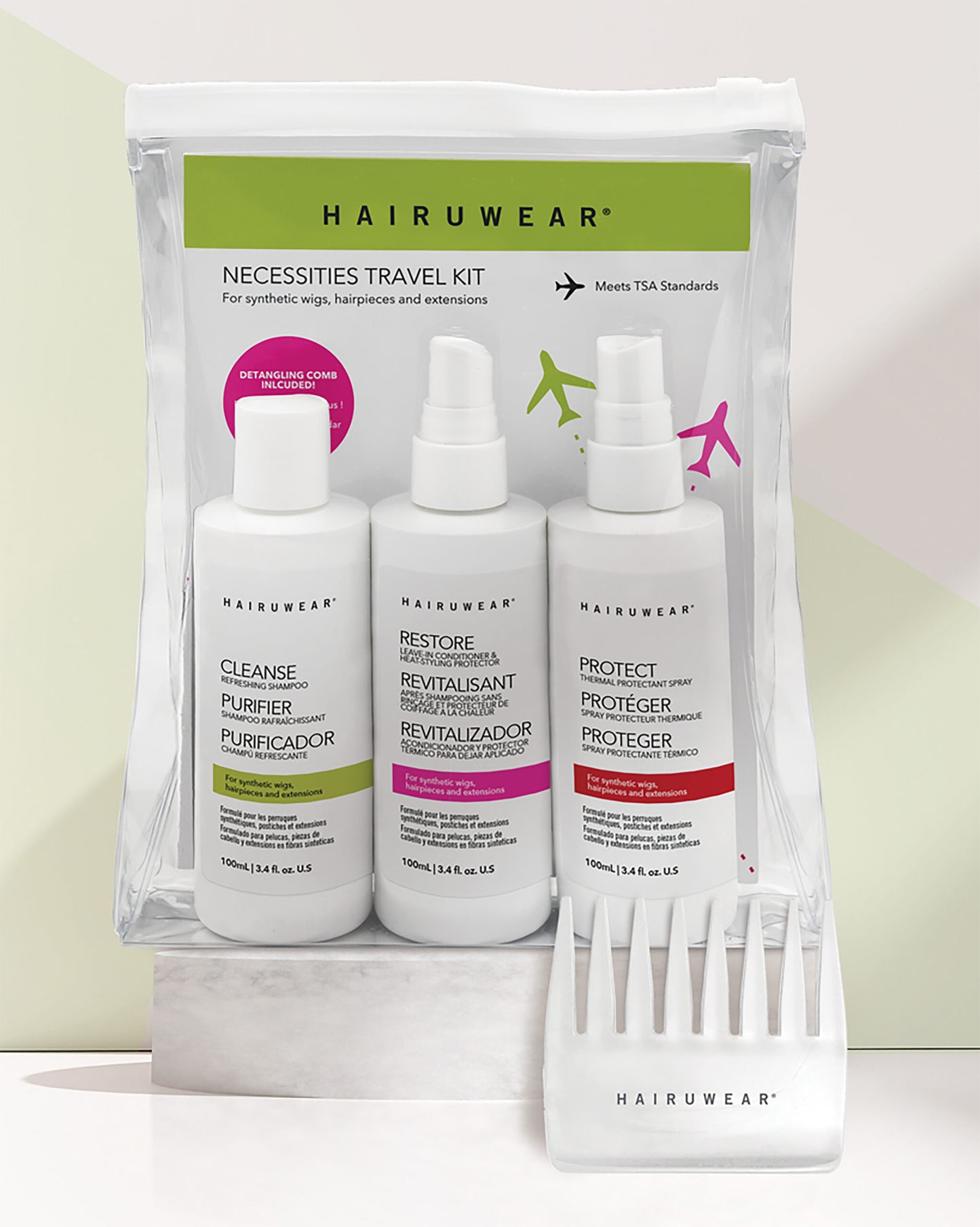 HairUWear 4PC Necessities Travel Kit - CLEANSE, RESTORE, PROTECT and detangling comb in TSA-friendly bag