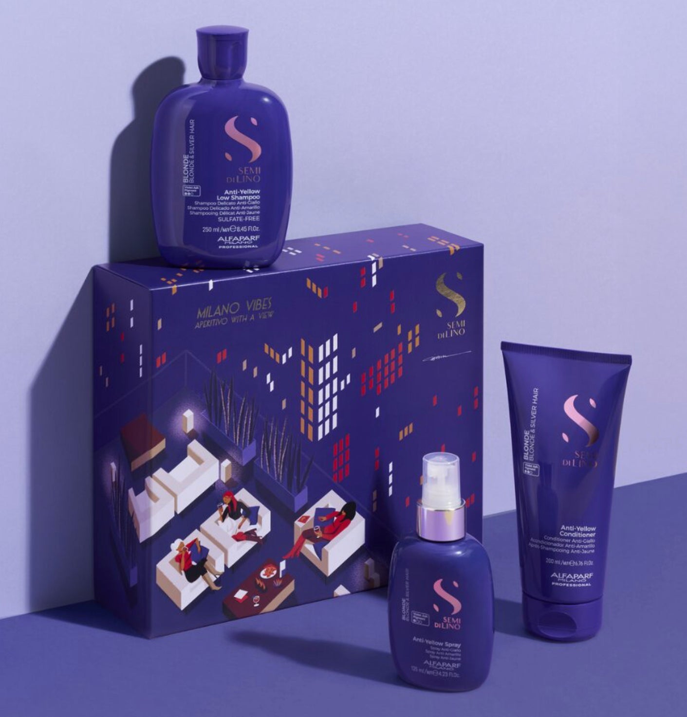 Alfaparf Milano Semi Di Lino Gift Set for Blonde and Silver Hair - Anti - Yellow Sulfate Free Shampoo, Conditioner and Leave - In Spray Toner - Neutralizes Unwanted Yellow Tones - VIP Extensions