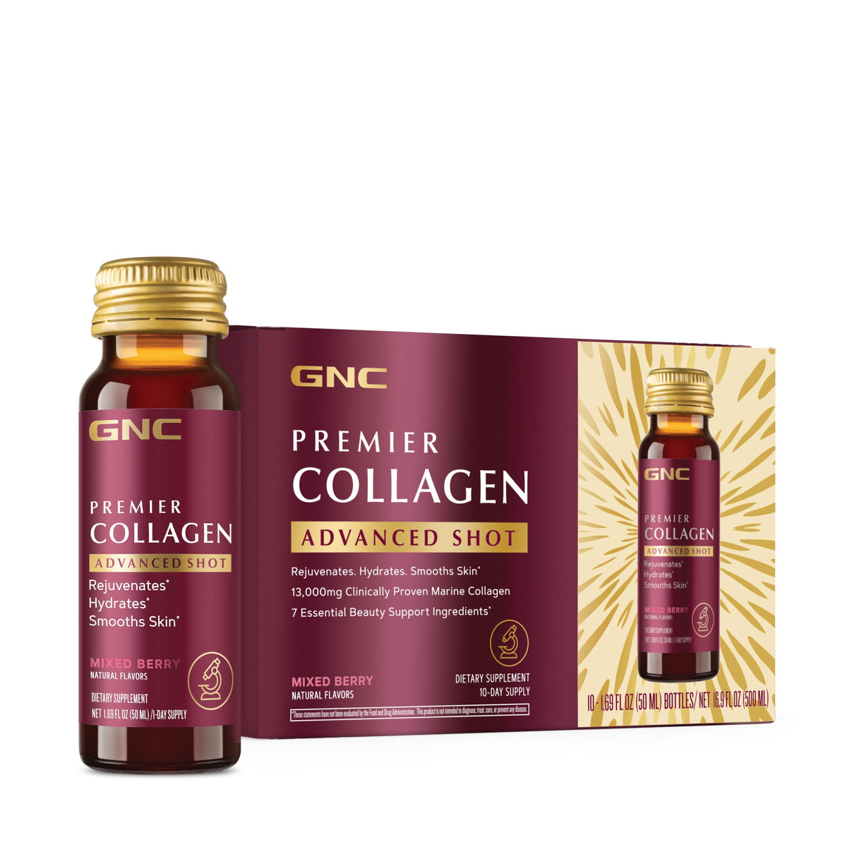 GNC Premier Collagen Advanced Shot Mixed Berry 10-count box and bottle