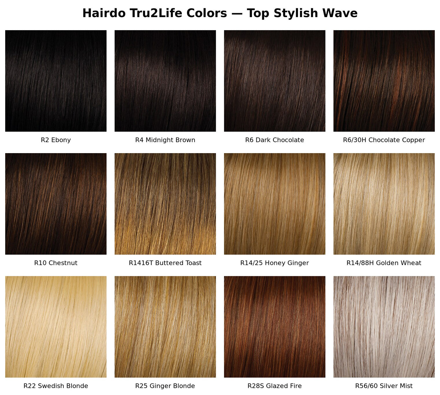 Hairdo Tru2Life color chart for Top Stylish Wave - 12 shades