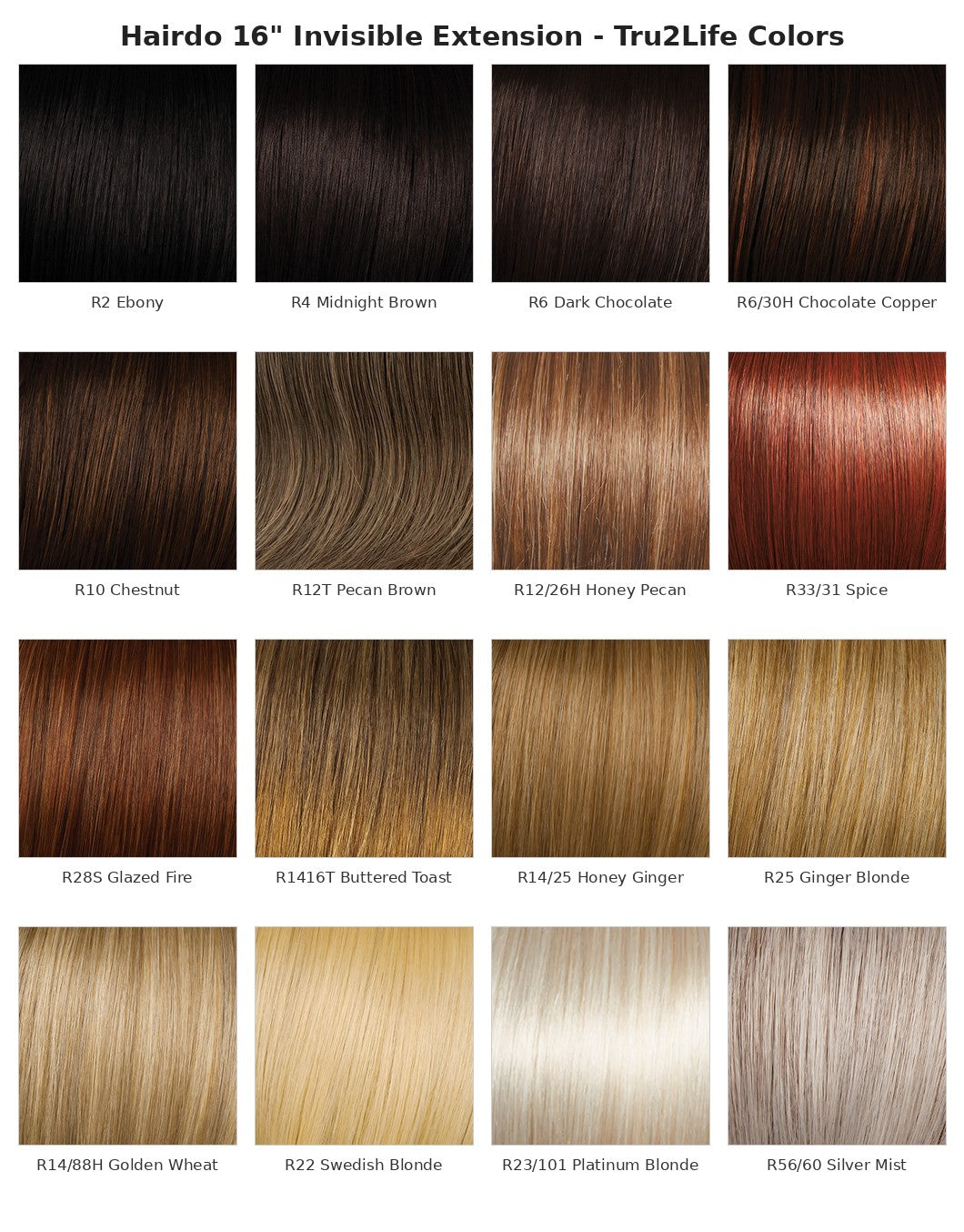 Hairdo 16 inch Invisible Extension Tru2Life color chart with 16 swatches
