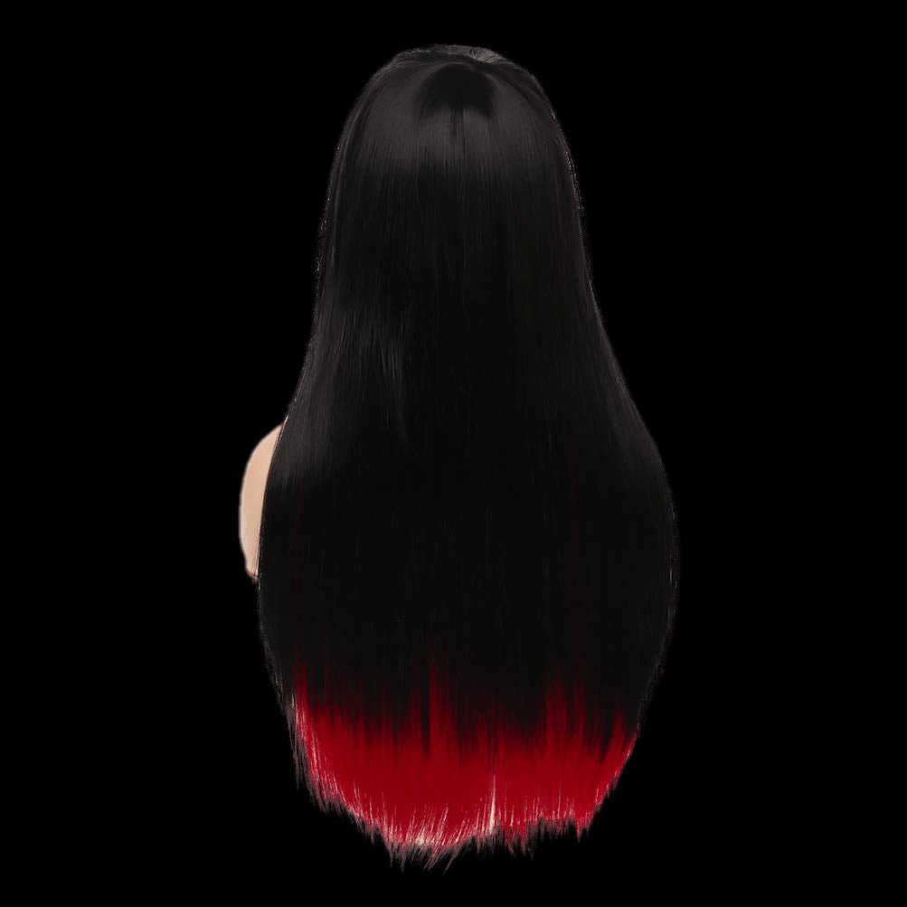 Long Red Black Wig Silky Straight Synthetic Heat Resistant Side Bangs - VIP Extensions