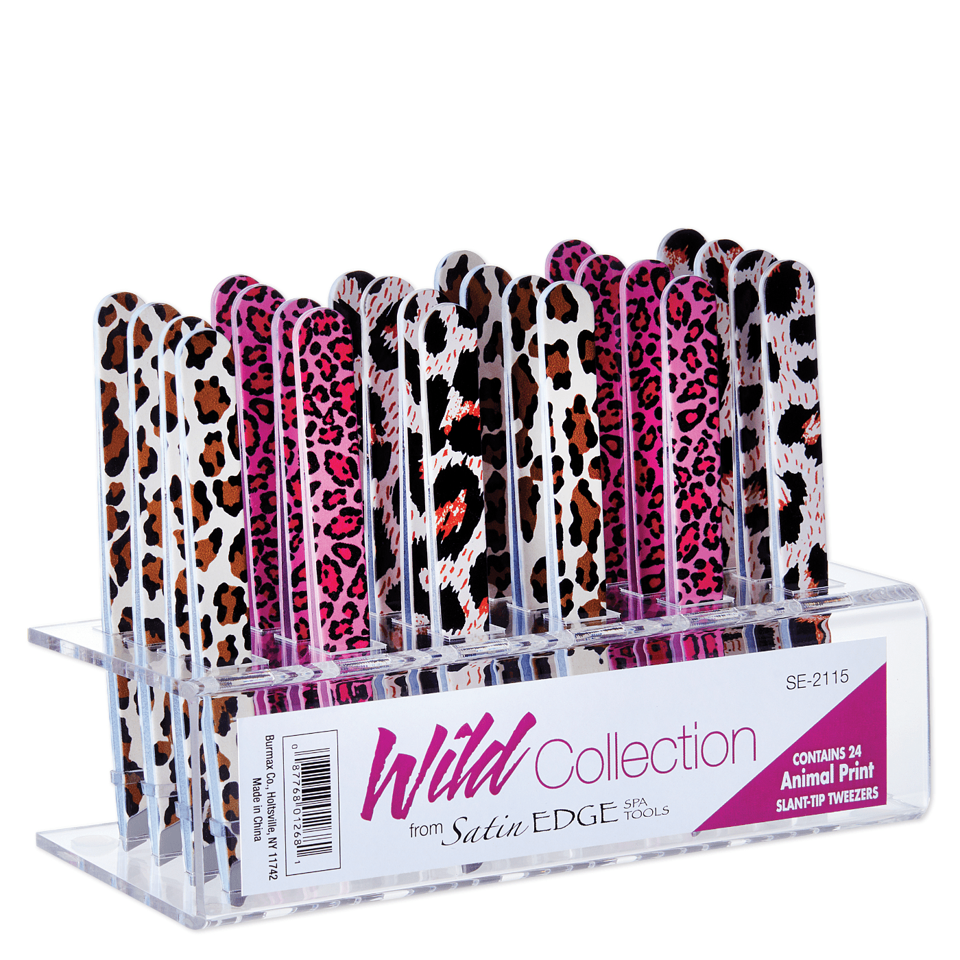 Satin Edge Animal Print Slant Tip Tweezers - 24 Pc Display - VIP Extensions