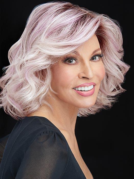 Raquel Welch If You Dare lace front wig, shoulder-length wavy bob in iced lavender, worn by a model