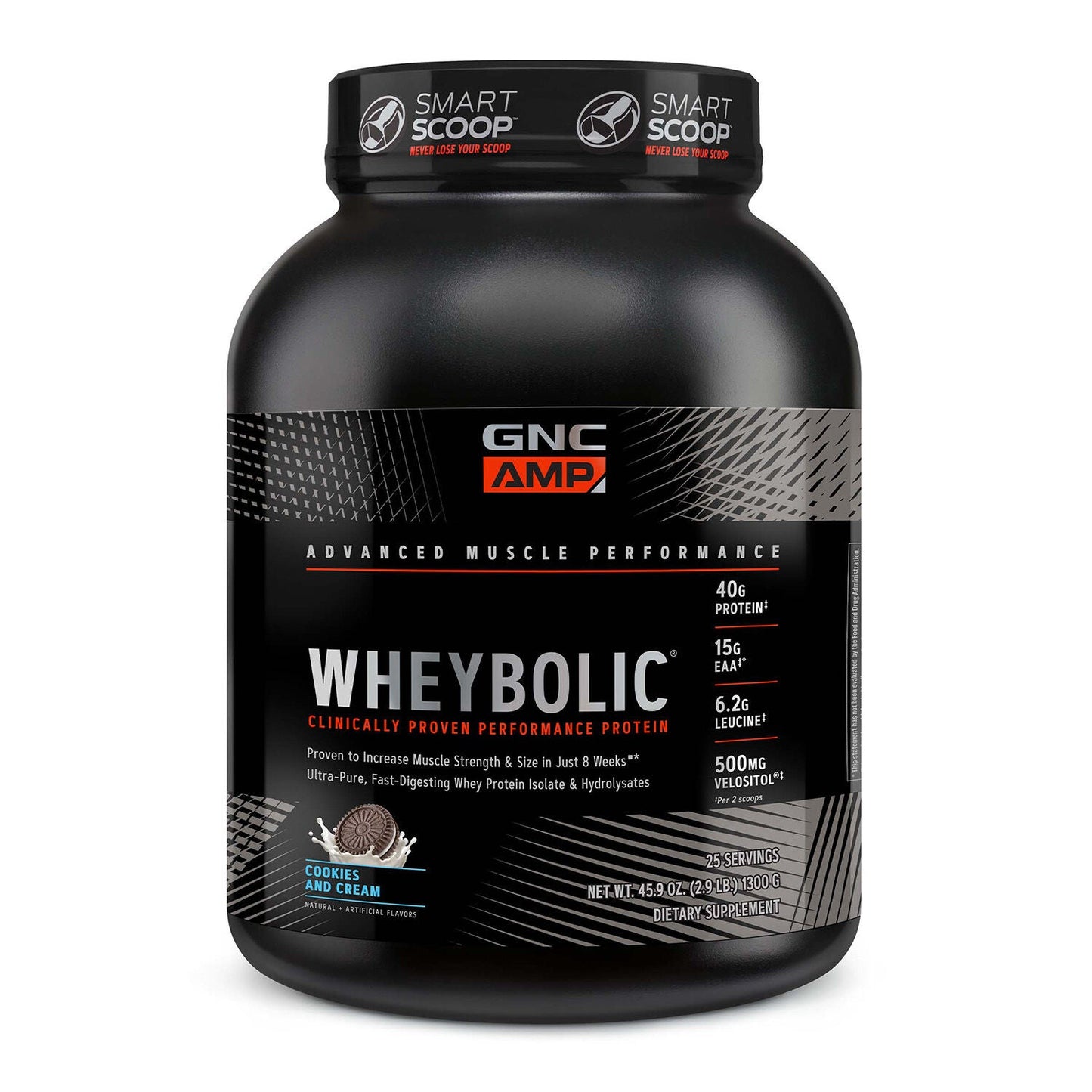 GNC AMP Wheybolic whey protein powder, Cookies and Cream flavor, 2.9 lb tub, 25 servings