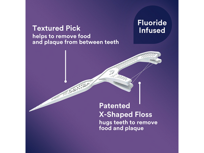DenTek Cross Flosser patented X-shaped floss, textured pick, fluoride infused