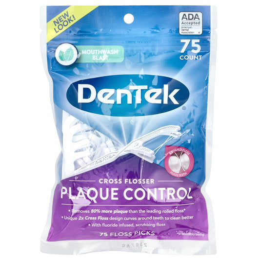DenTek Cross Flosser Plaque Control Floss Picks, Mouthwash Blast, 75 count, front