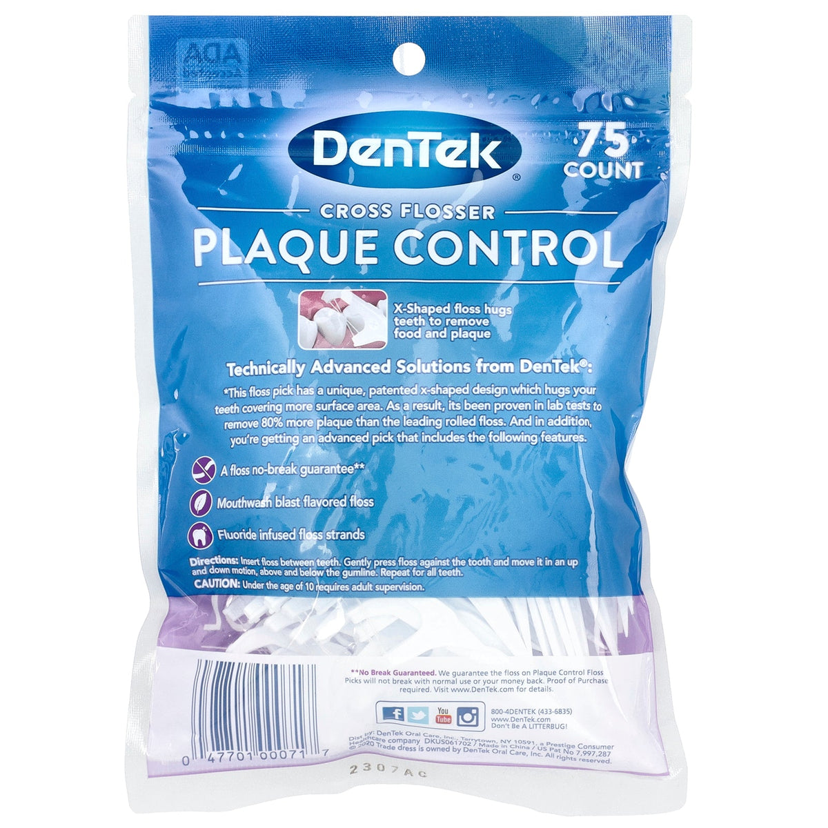DenTek Cross Flosser Plaque Control 75 count, back of bag