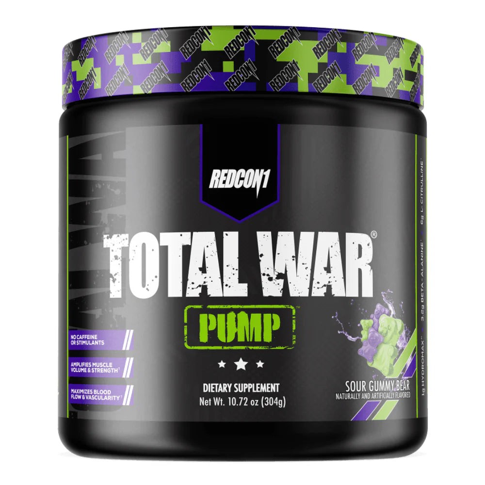 REDCON1 Total War Pump non-stimulant pre-workout powder, Sour Gummy Bear flavor tub