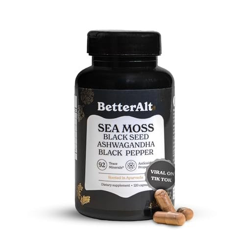BetterAlt Sea Moss with black seed, ashwagandha and black pepper supplement, 120 capsule bottle
