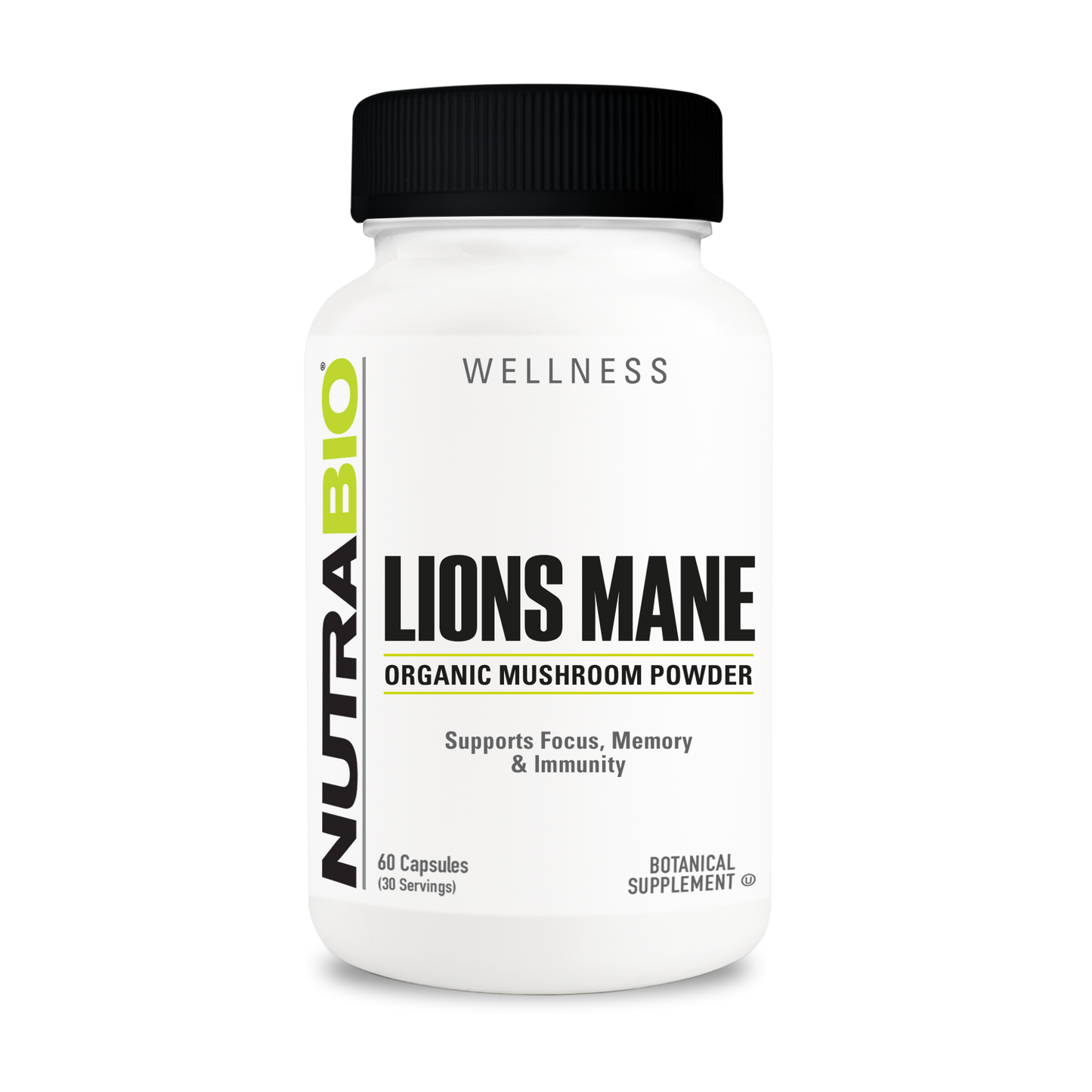 NutraBio Lions Mane organic mushroom powder supplement, 60 capsule bottle