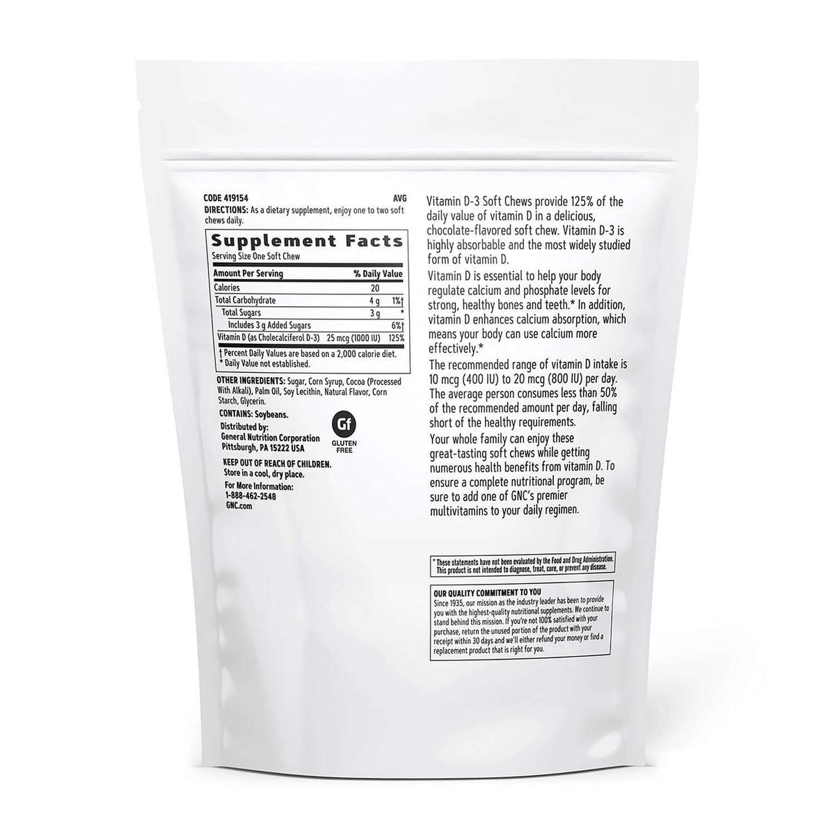 GNC Vitamin D-3 Soft Chews - Supplement Facts panel
