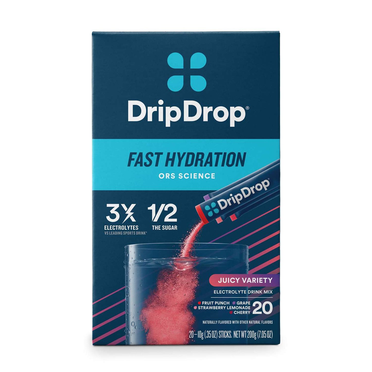 DripDrop Electrolyte Drink Mix, Juicy Variety pack, 20 stick packets box