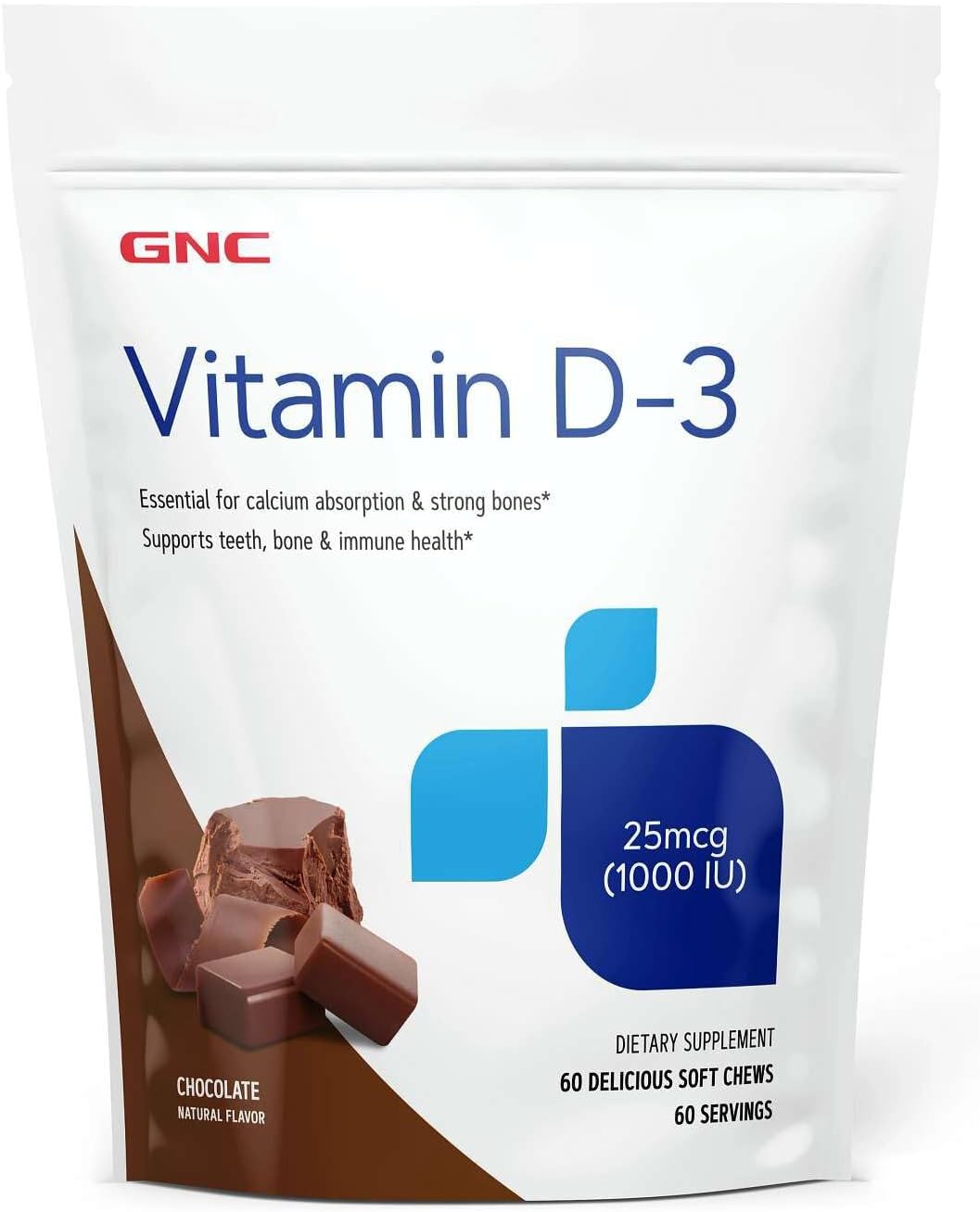 GNC Vitamin D-3 1000 IU chocolate soft chews, 60 count pouch