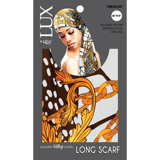 LUX by Qfitt Luxury Silky Satin Long Scarf, style 7086 Baroque assorted, 66 in x 19 in - retail package front