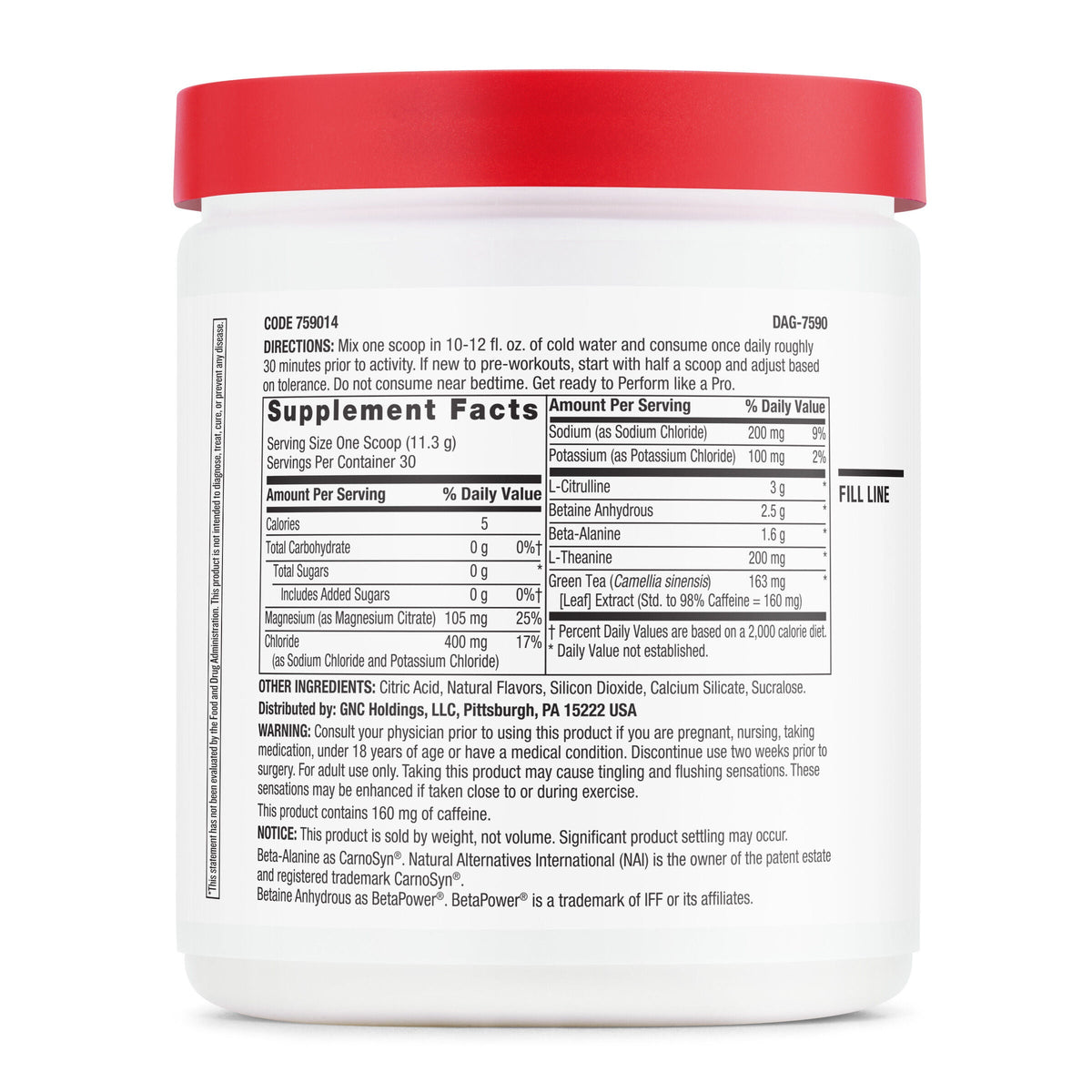 GNC Pro Performance Pre-Workout - Supplement Facts panel