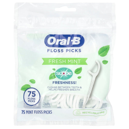 Oral-B Floss Picks Fresh Mint with Scope Freshness, 75 count bag, front