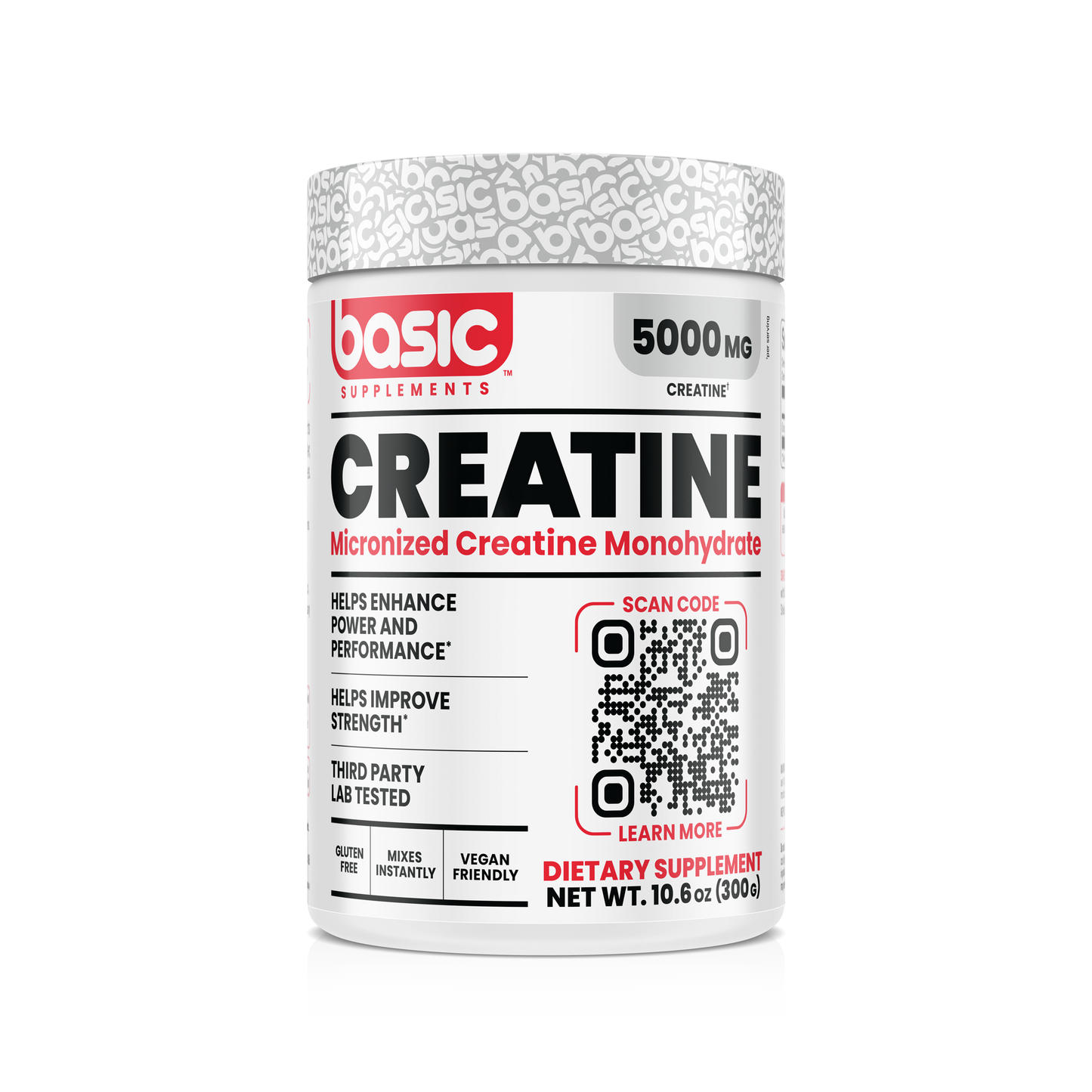 Basic Supplements Micronized Creatine Monohydrate 5000 mg unflavored powder, 10.6 oz tub, 60 servings