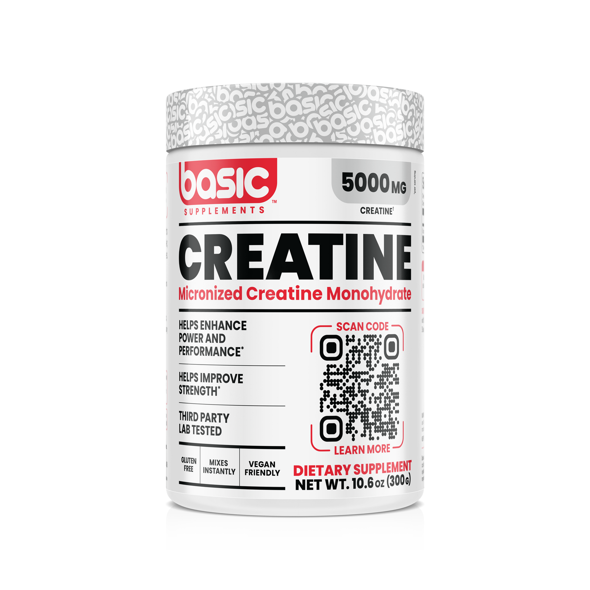 Basic Supplements Micronized Creatine Monohydrate 5000 mg unflavored powder, 10.6 oz tub, 60 servings