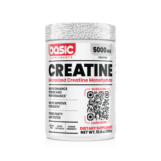 Basic Supplements Micronized Creatine Monohydrate 5000 mg unflavored powder, 10.6 oz tub, 60 servings