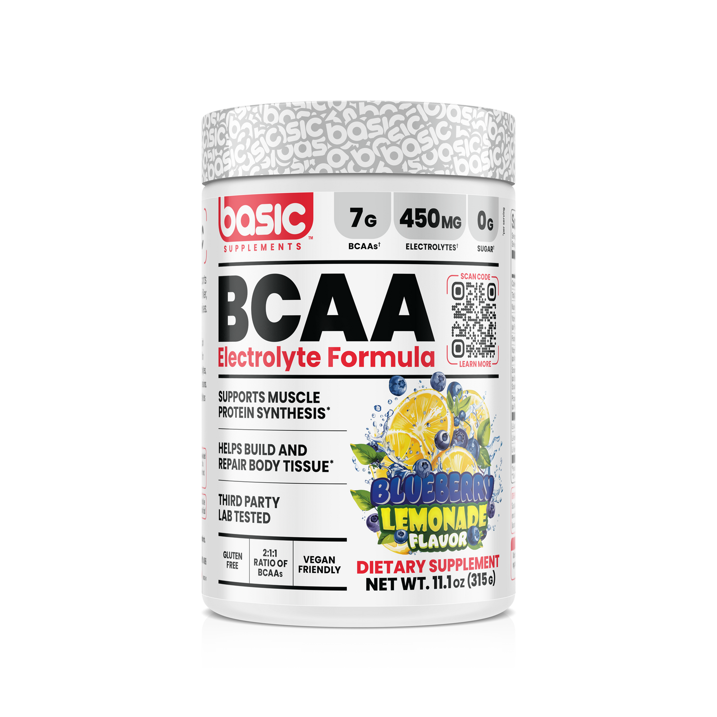 Basic Supplements BCAA Electrolyte Formula powder, Blueberry Lemonade, 11.1 oz tub, 30 servings