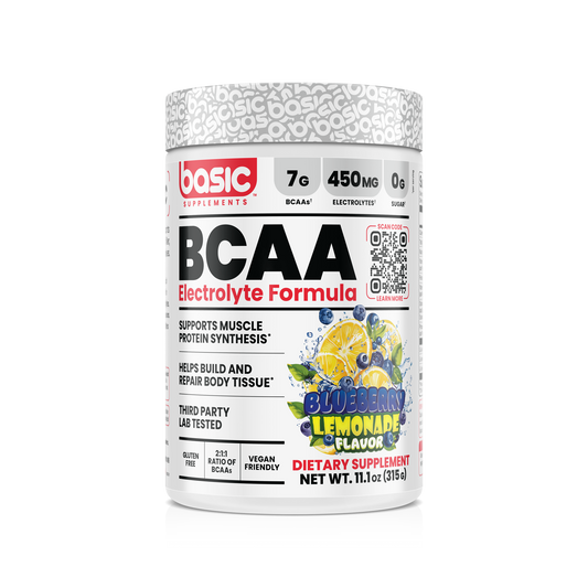 Basic Supplements BCAA Electrolyte Formula powder, Blueberry Lemonade, 11.1 oz tub, 30 servings