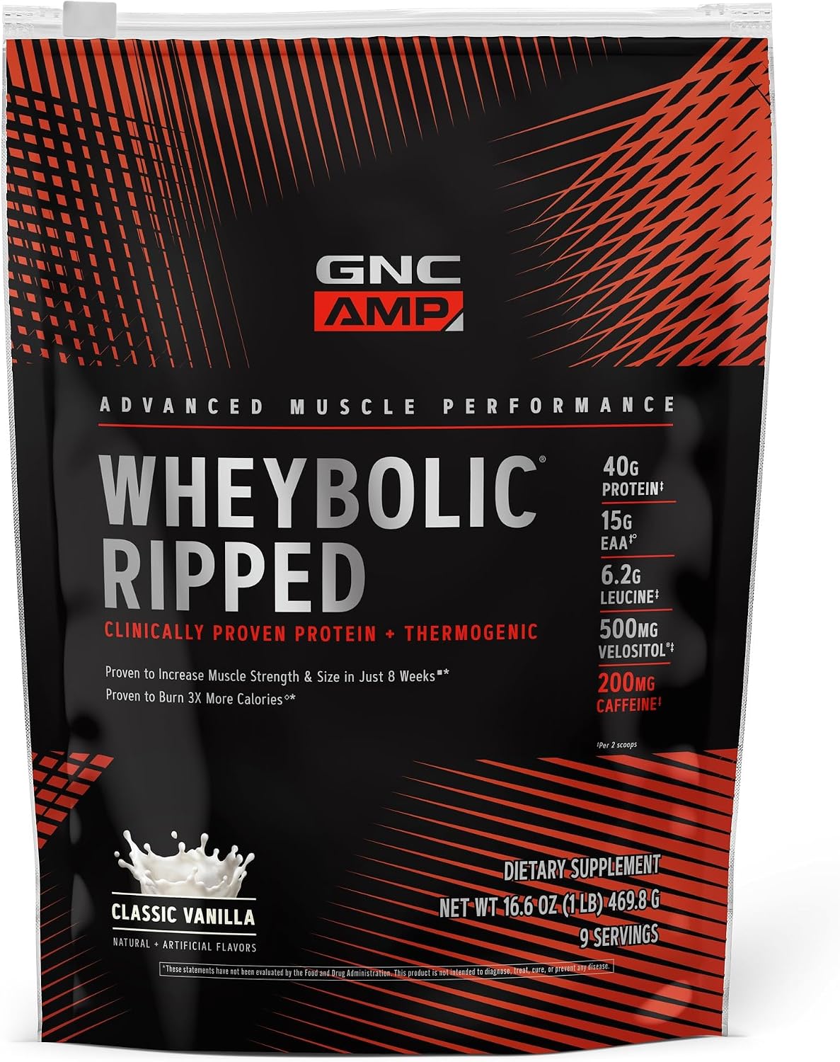 GNC AMP Wheybolic Ripped whey protein powder, Classic Vanilla, 16.6 oz 9 serving pouch