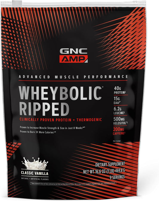 GNC AMP Wheybolic Ripped whey protein powder, Classic Vanilla, 16.6 oz 9 serving pouch