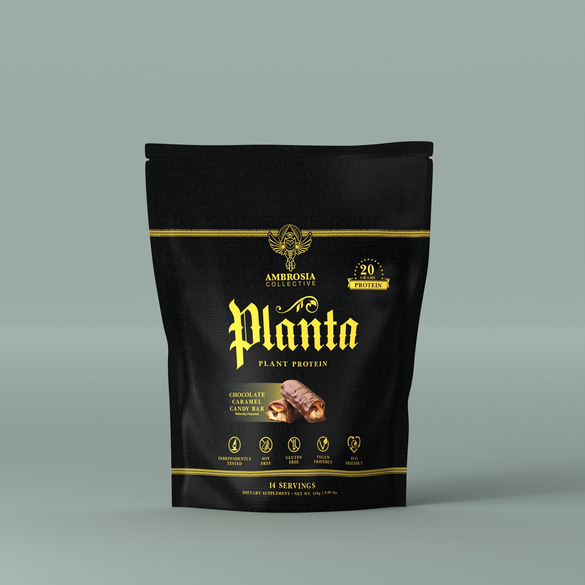 Ambrosia Collective Planta plant protein powder, Chocolate Caramel Candy Bar, 14 serving pouch