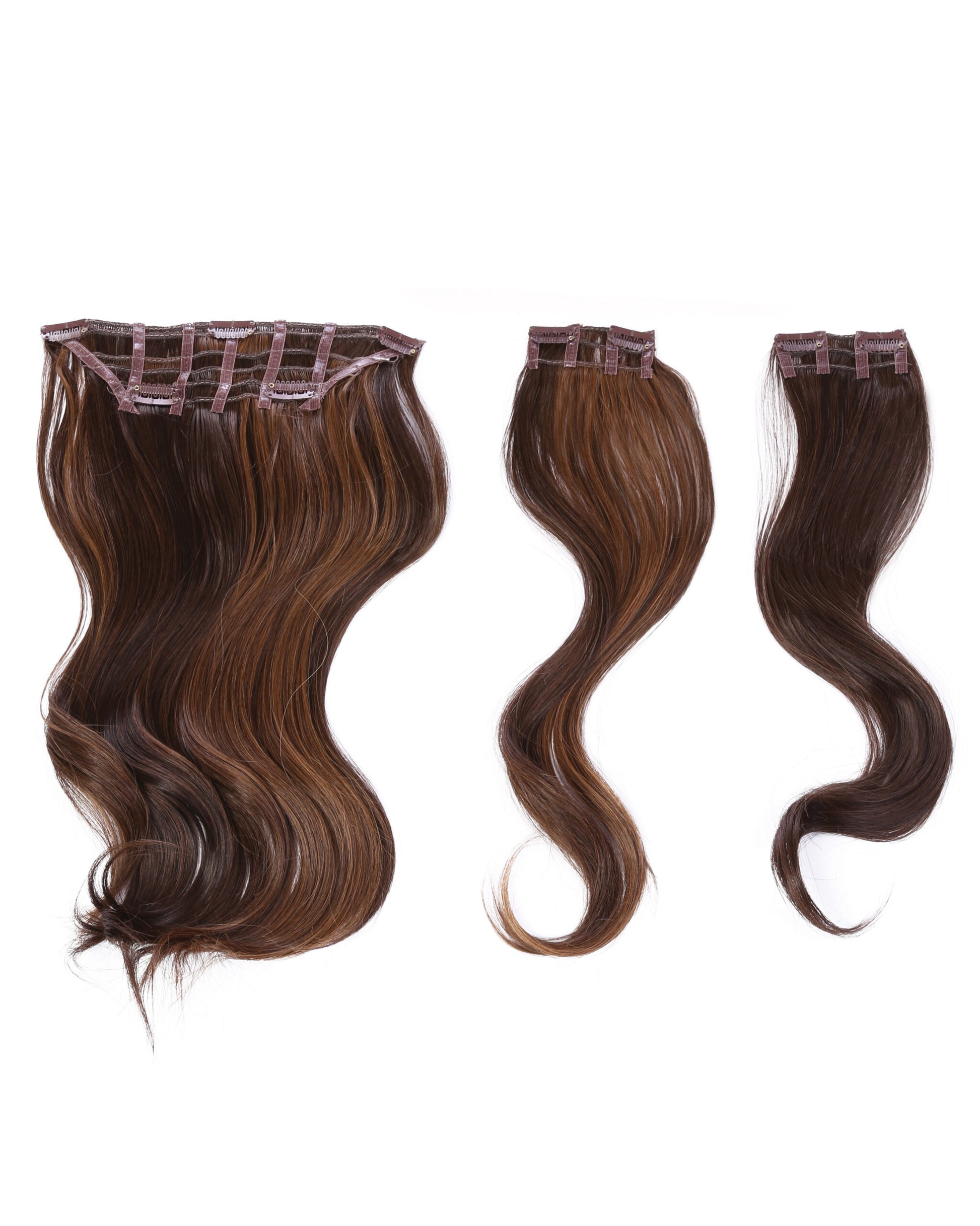 The three wavy clip-in extension wefts included in the Hairdo 18 inch kit