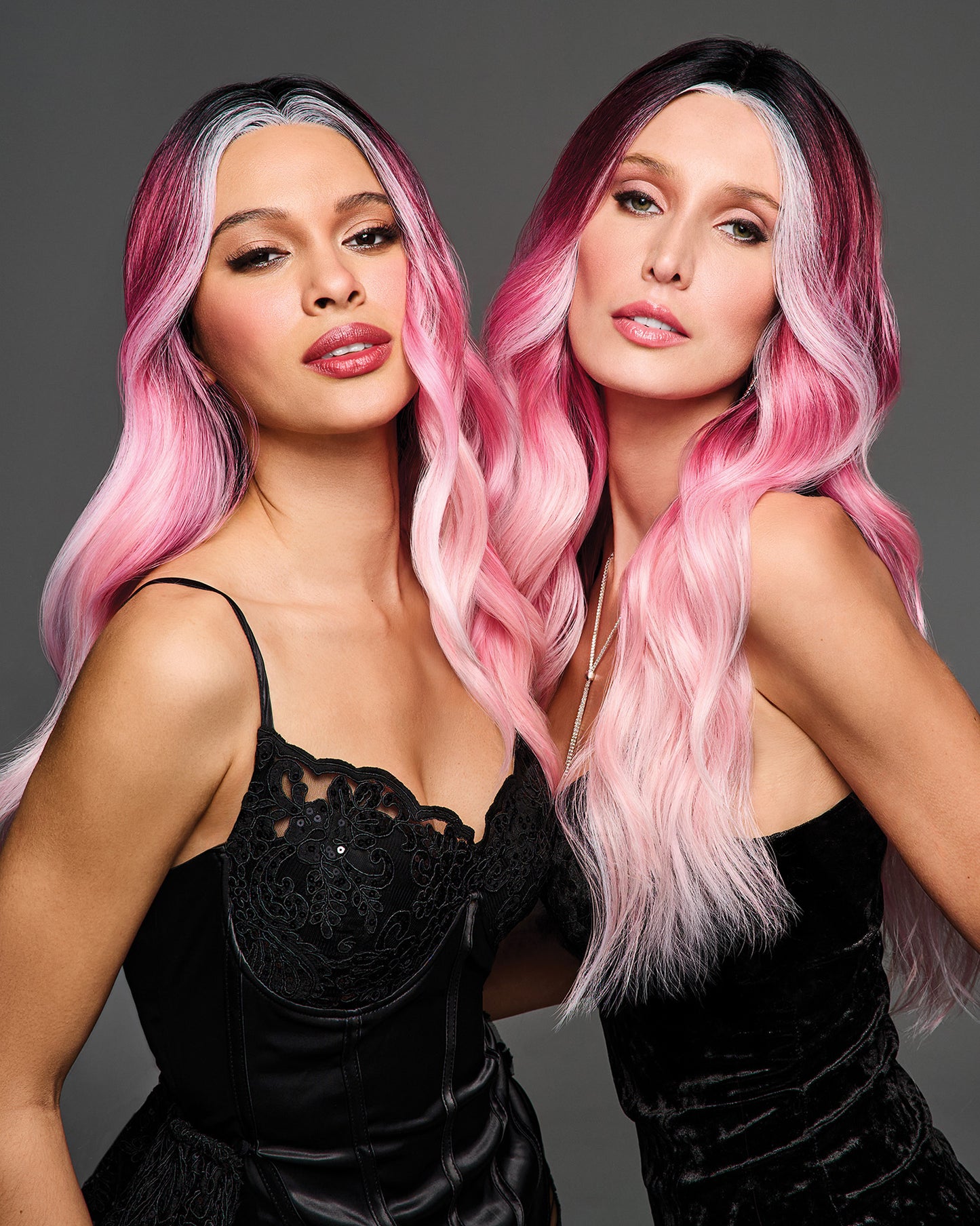 Hairdo Bubblegum Babe color reference - rooted bubblegum pink shade shown from multiple angles