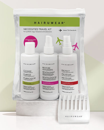 HairUWear 4PC Necessities Travel Kit - CLEANSE, RESTORE, PROTECT and detangling comb in TSA-friendly bag