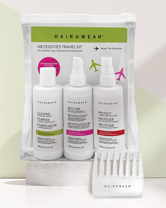 HairUWear 4PC Necessities Travel Kit - CLEANSE, RESTORE, PROTECT and detangling comb in TSA-friendly bag