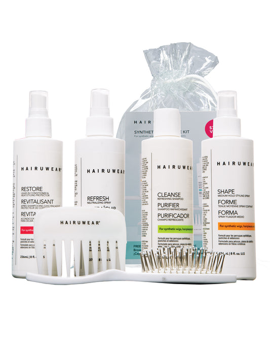 HairUWear Synthetic Hair Care Kit - CLEANSE, RESTORE, SHAPE, REFRESH with detangling comb and oval wire brush