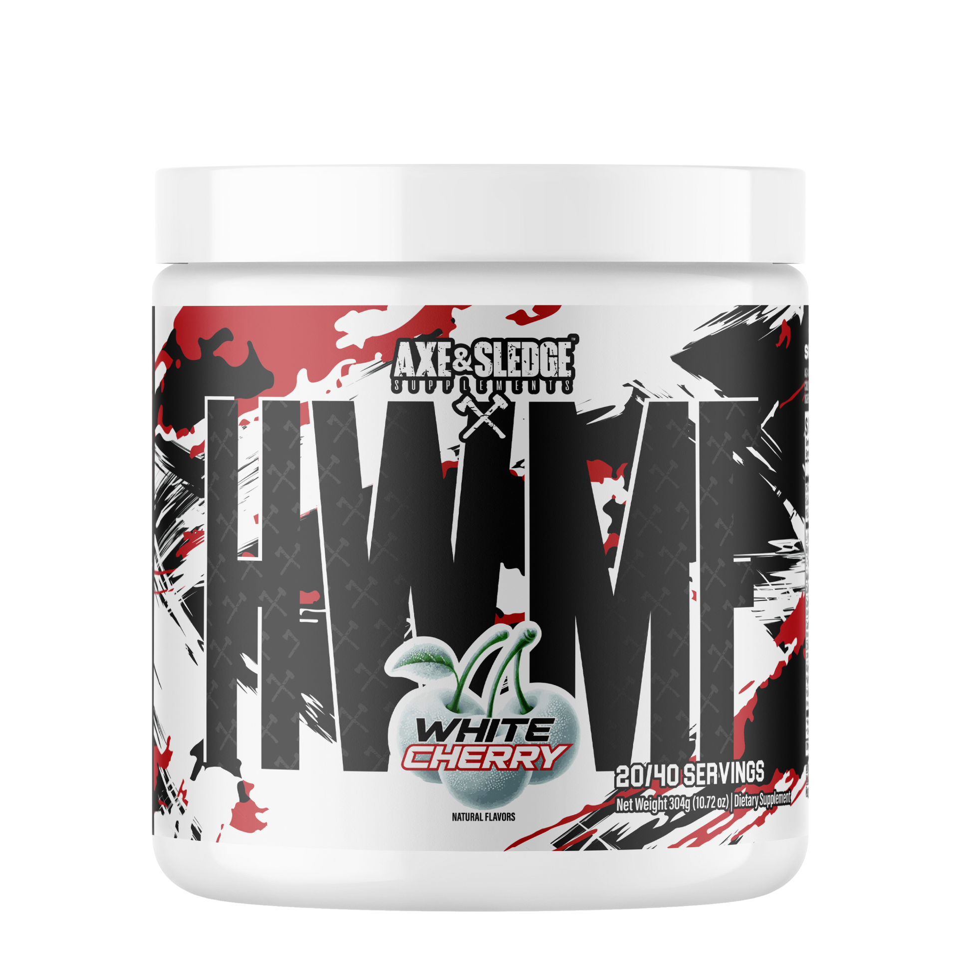 Axe & Sledge HWMF high stimulant pre-workout powder, White Cherry, 40 serving tub