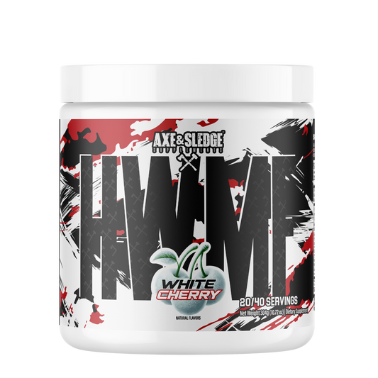 Axe & Sledge HWMF high stimulant pre-workout powder, White Cherry, 40 serving tub