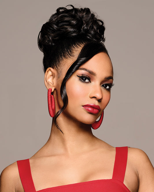 Kim Kimble Clip It Classy curly updo hairpiece with claw clip, front view