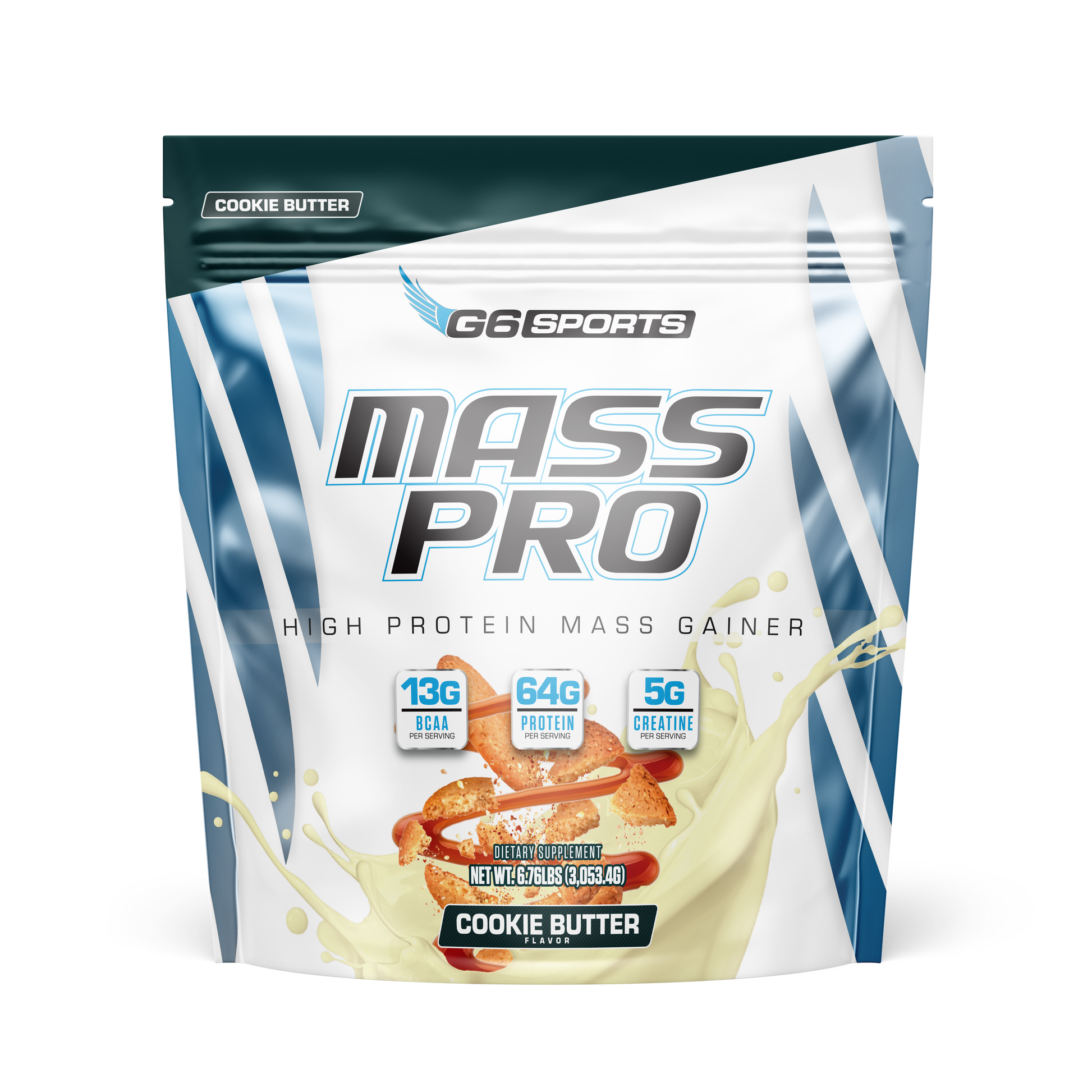 G6 Sports Mass Pro High Protein Mass Gainer, Cookie Butter, 6.76 lb bag