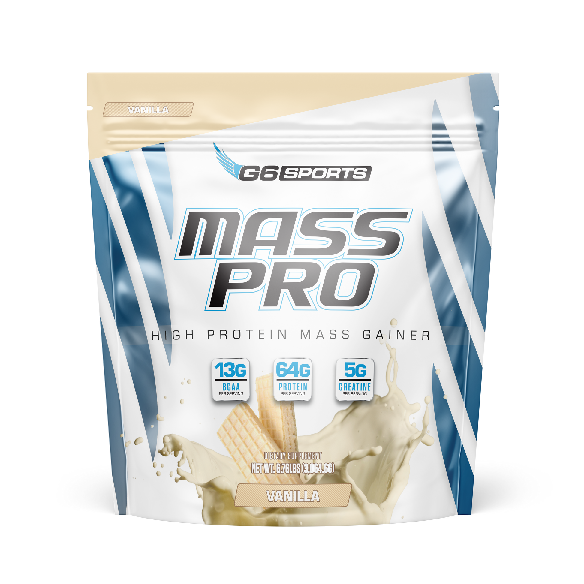 G6 Sports Mass Pro High Protein Mass Gainer, Vanilla, 6.76 lb bag