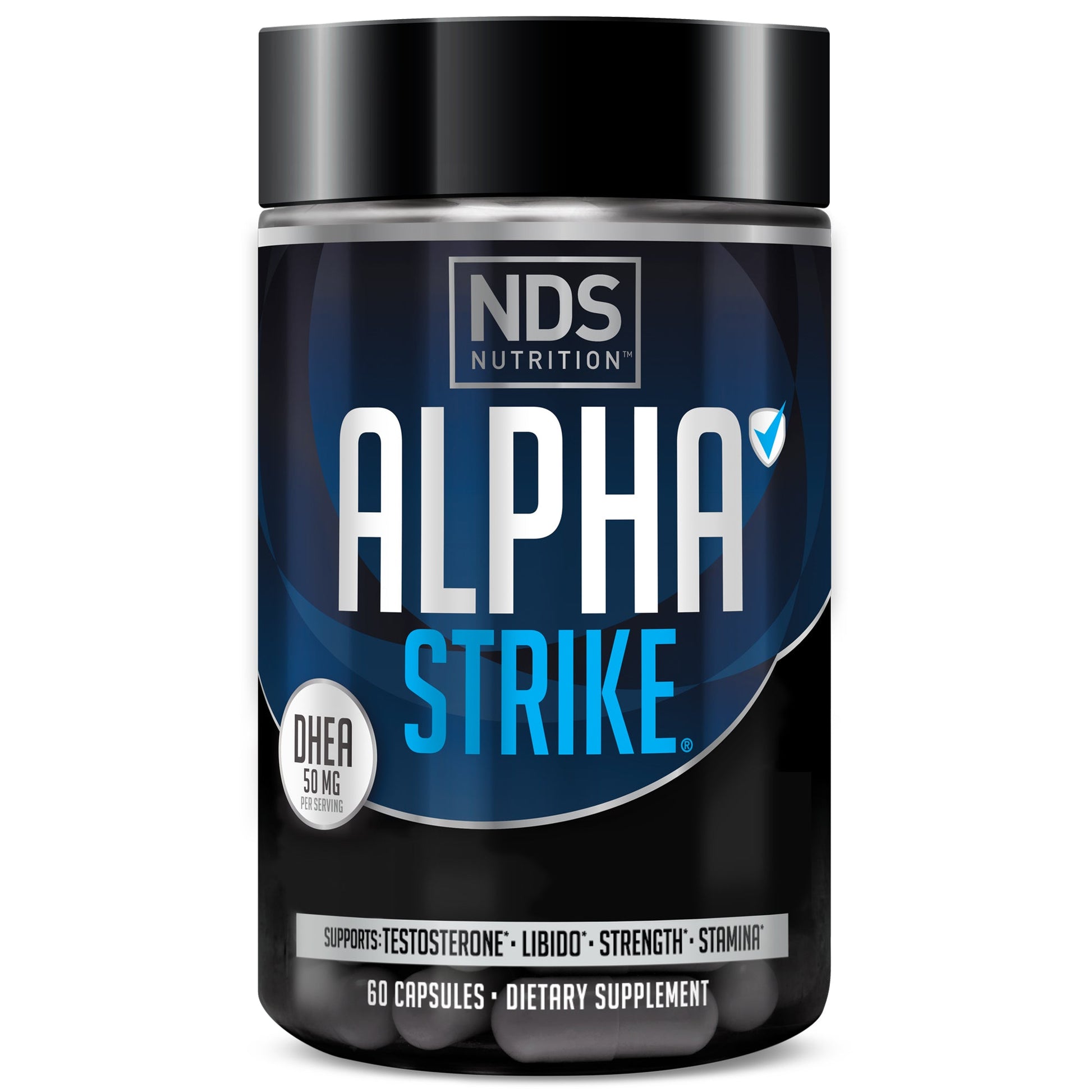 NDS Nutrition Alpha Strike testosterone support supplement with 50 mg DHEA, 60 capsule bottle