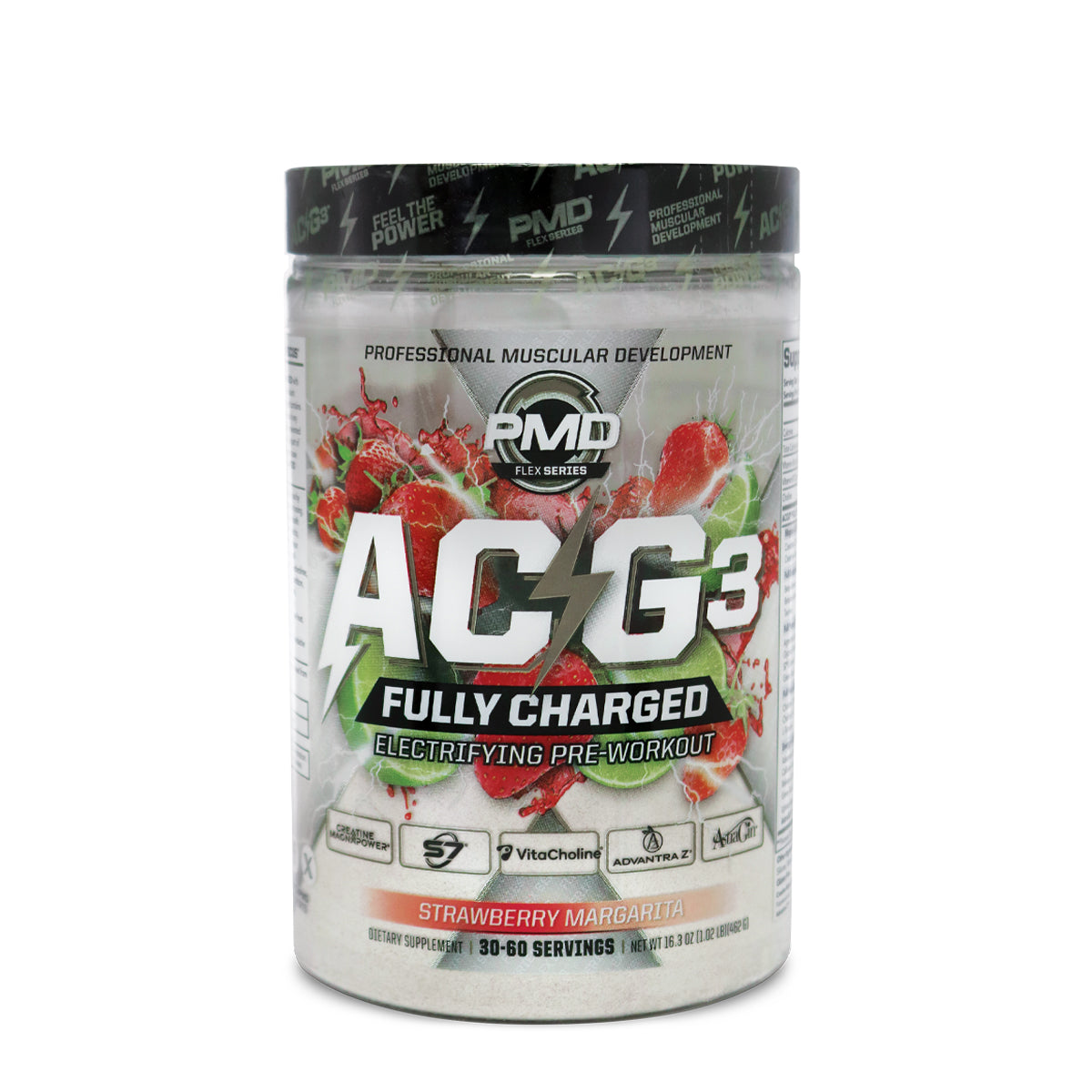 PMD Sports ACG3 Fully Charged pre-workout powder, Strawberry Margarita, tub
