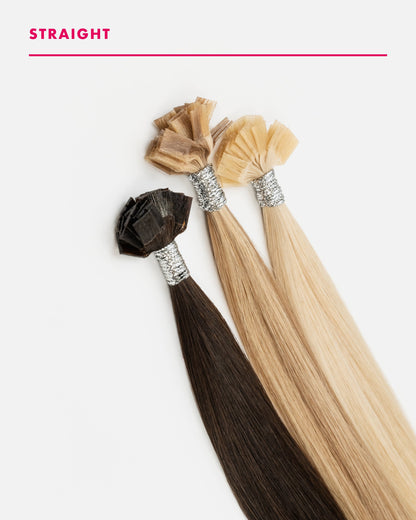 Babe Hair Extensions Fusion Extensions, straight texture - keratin pre-bonded human hair strands shown in three shades (official Babe product photo)