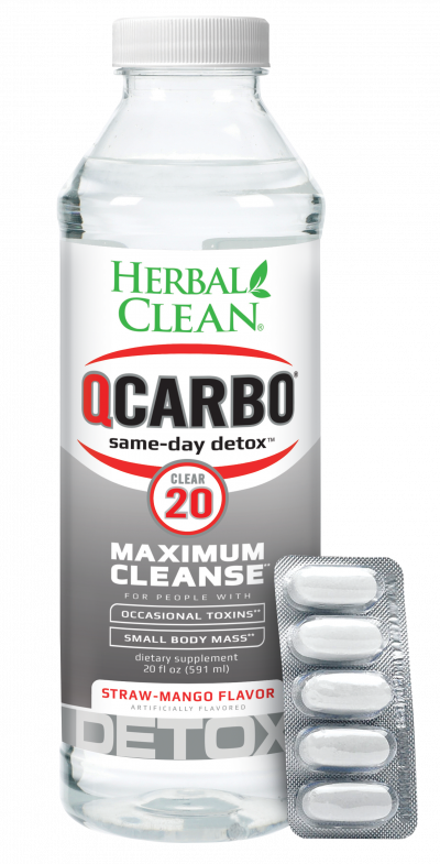 Herbal Clean QCarbo20 Clear same-day detox drink, Straw-Mango flavor, 20 fl oz bottle with tablets