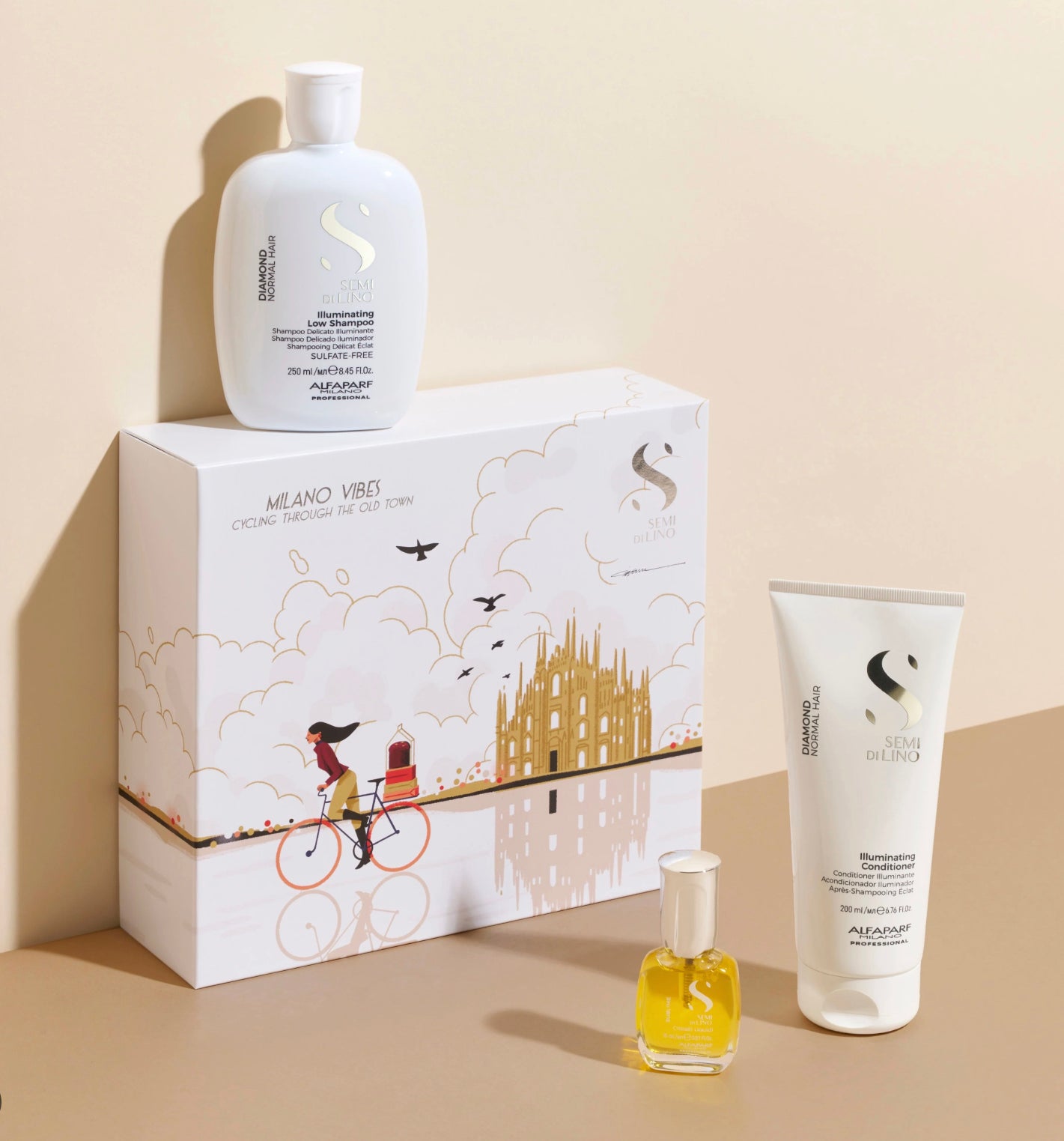 Alfaparf Milano Semi Di Lino Diamond Gift Set for All Hair Types - Sulfate Free Illuminating Shampoo, Conditioner and Cristalli Liquidi Hair Oil Serum - VIP Extensions