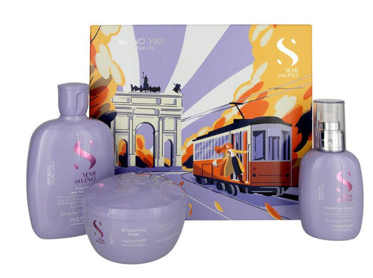 Alfaparf Milano Semi Di Lino Smooth Gift Set for Rebel and Frizzy Hair - Sulfate Free Shampoo, Hair Mask and Smoothing Cream - Anti Frizz Control - VIP Extensions