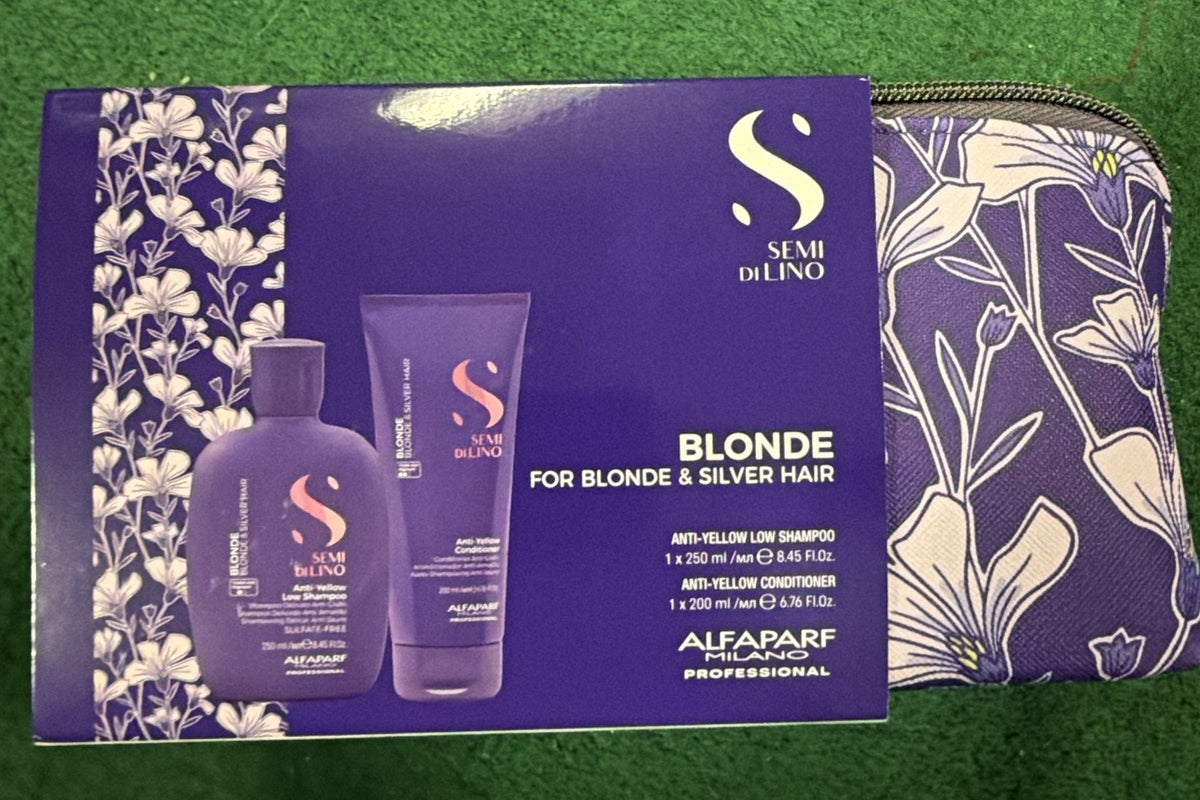 Alfaparf Semi di Lino Blonde Gift Set with Anti-Yellow Shampoo, Conditioner and pouch