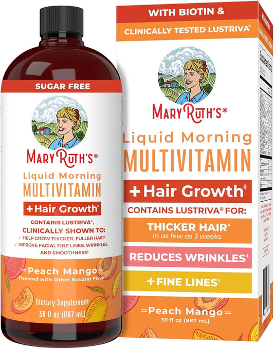 MaryRuth's Liquid Morning Multivitamin + Hair Growth – Peach Mango, 30 fl oz (Short-Dated: Best By 9/26/2026)